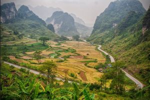 Cảnh đẹp từ phía trên đỉnh đèo, phía dưới là những thửa ruộng bạc thang