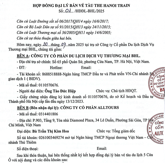 Hợp đồng Đại lý bán Jun888 cá cược hấp dẫn The Hanoi Train số 01/HDDL-BHL/2025