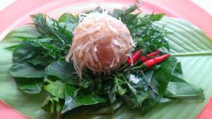 Nem thính ăn kèm với đinh lăng, lá sung